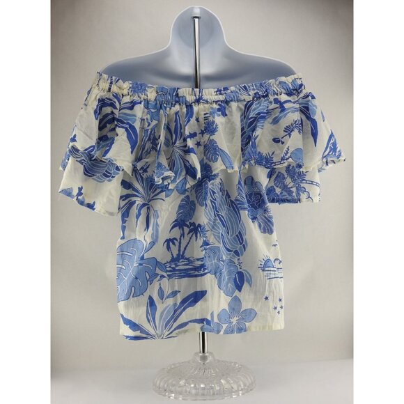 Artelier Nicole Miller Blue White Tropical Off Shoulder Ruffle Top Sz S Boho - Picture 3 of 9